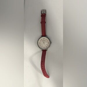Fossil Brand Hot Pink Watch Adjustable  Leather Strap Silver Watch Face Round